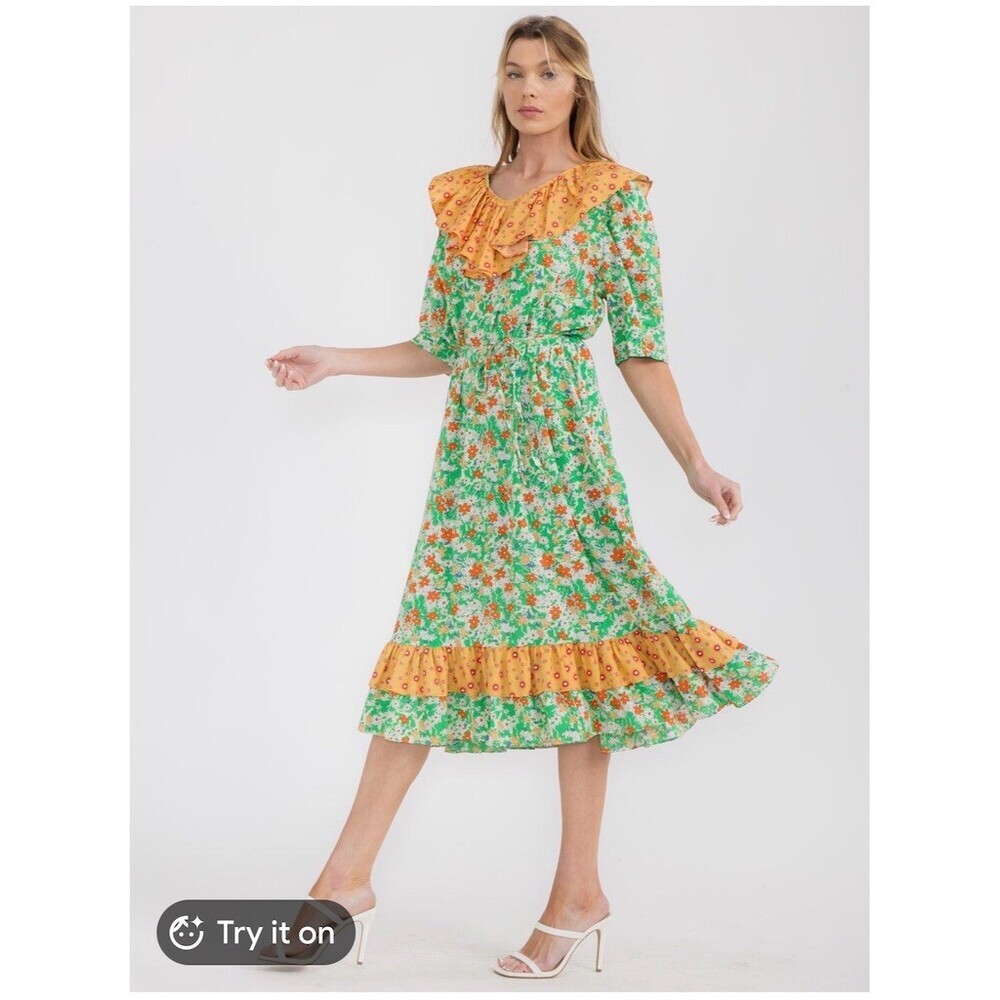 Beluah Floral Midi Dress Green Orange Womens Large Extra Large Tiered Ruffle